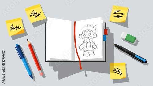 Open Notebook with Cartoon Character Drawing.