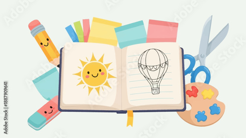 Open notebook with sun and balloon drawing.
