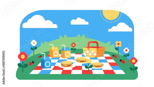 Picnic Basket and Food on Checkered Blanket.