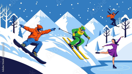 Skiers and Ice Skater in Winter Scene.