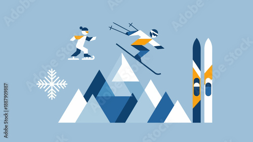 Skiers in Mid Air Over Mountains.