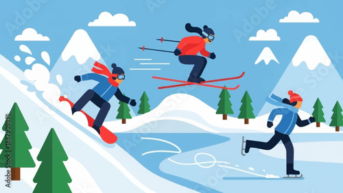 Skiers and Runner in Winter Landscape.