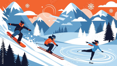 Skiers Snowboarding Down Winter Mountain Slope.