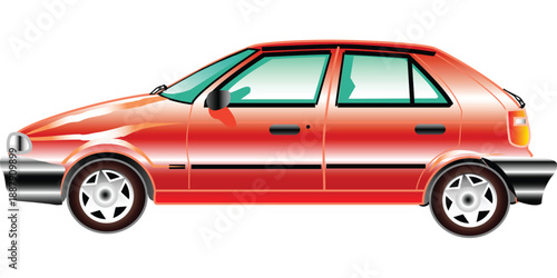 A vibrant red modern compact car vector illustration, featuring sleek silver bumpers, dark windows, and detailed wheels, perfect for automotive, travel, and urban transportation designs