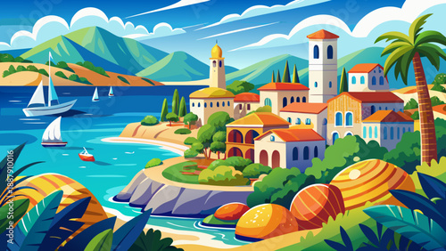 Very beautiful Nice coastal city overlooking the Mediterranean Sea with palm trees and blue water scenery, peaceful seaside nature, fresh French baguette isolated on white background.