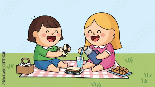 Two Children Enjoying Picnic on Blanket.