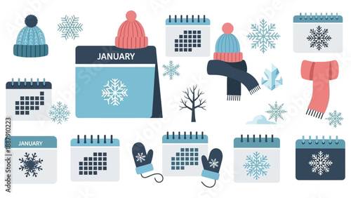 Winter Clothing and Calendar Icons Set.