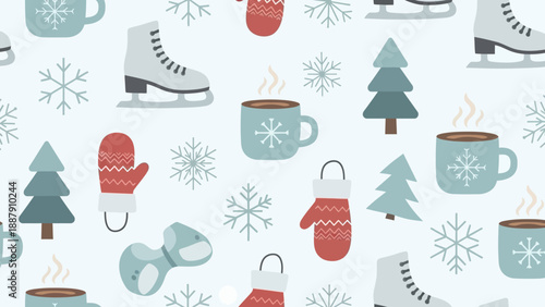 Winter Icons Skates Mittens Trees Coffee Cups.