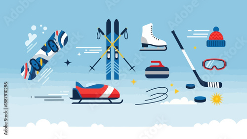 Winter Sports Equipment Collection on Snowy Background.