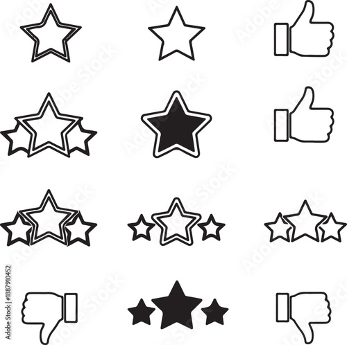 A comprehensive set of minimalist black and white icons featuring various star rankings, thumbs up, and thumbs down symbols used for customer ratings and feedback.