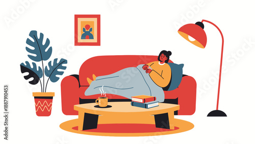 Woman Relaxing on Sofa with Coffee.
