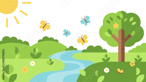 Butterflies Flying Near Tree and Flowers.