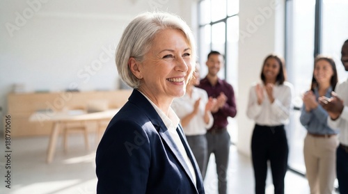Confident older businesswoman smiling while colleagues applaud in modern office, professional achievement and warm teamwork atmosphere