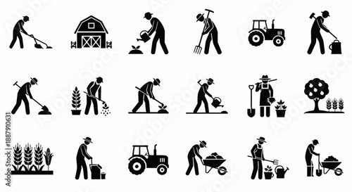 Agriculture silhouette icon set featuring farmers in various garden activities. Minimal black solid vector symbols for farming, gardening tasks, and rural life. Isolated on white