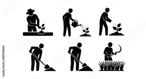 Agricultural worker silhouettes in flat solid style. Clean vector icons of farming tasks for rural branding, gardening apps, and agricultural data visualization. Isolated on white