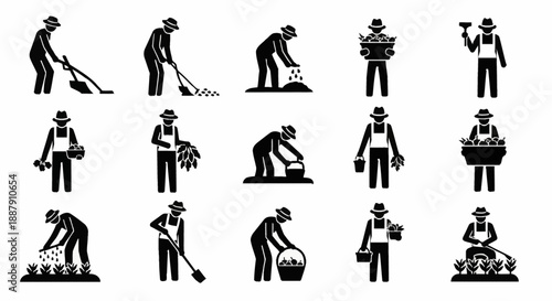 Farmer silhouette icon set featuring full body human figures in flat solid style. Clean black shapes of agricultural workers performing farming tasks, isolated on white background