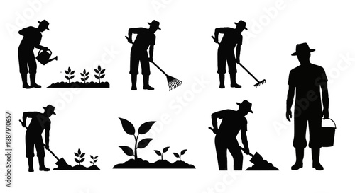 Farmer silhouette icon set featuring agricultural worker activities like watering, digging, and planting. Black solid vector symbols for farming tasks, isolated on white background