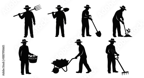 Minimalist farmer silhouettes in raw outline style. Professional black vector icons of men in hats doing agricultural work for gardening apps and rural service branding