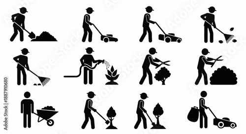 Minimalist gardening silhouettes in flat solid style. Clean vector icons of landscaping tasks for mobile apps, gardening websites, and professional service interfaces