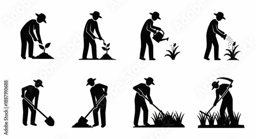 Farming activity silhouette icons featuring workers planting, watering, and harvesting. Professional black solid vector set for agricultural workflow and gardening service design