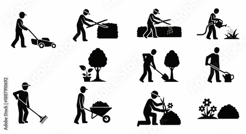 Gardening worker silhouette icons featuring landscaping activities. Professional black solid vector set for garden maintenance, lawn care services, and outdoor branding