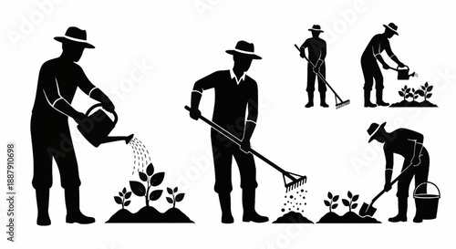Professional farming silhouette icons in flat solid style. Clean vector set of agricultural worker tasks for gardening apps, rural branding, and agricultural UI design