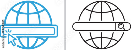 Two minimalist globe icons featuring horizontal search bars and clicking cursors, representing global internet browsing, worldwide data search, and digital connectivity.