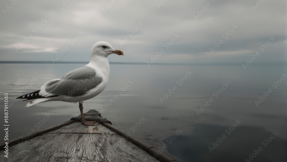 Fototapeta premium Seagull Perched on Boat Bow - A Serene Coastal Scene.