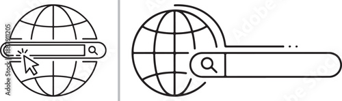 A minimalist vector set of global search icons. Featuring line-art globes integrated with search bars and cursors, these icons represent worldwide web navigation and international data discovery.