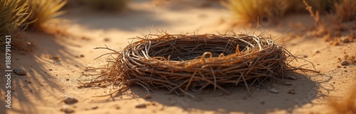 Close shot of empty bird nest made of dry twigs and grass on sandy ground. Sparse desert plants and shadows in background. Animal habitat in dry environment.