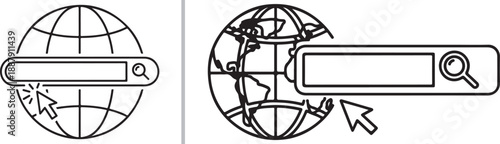 Two minimalist vector icons featuring a globe with an overlaying search bar and a clicking cursor, symbolizing global web browsing, internet navigation, and worldwide digital search.