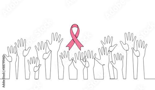 Healthcare awareness raised hands line art vector with pink ribbon
