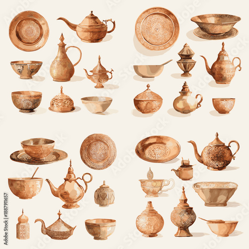 Antique copper tableware illustration with bowls plates teapots and serving vessels. Traditional metal cookware collection inspired by historical kitchen culture.