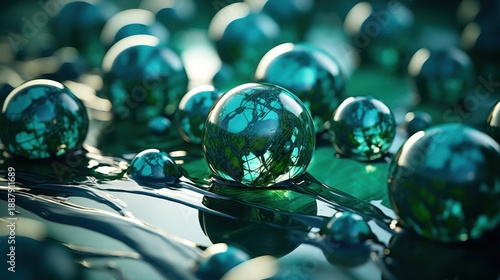 Turquoise spheres in liquid reflection world