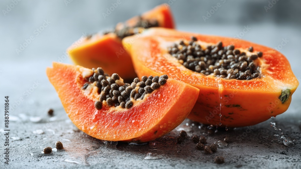 Fototapeta premium Fresh papaya slices with seeds on a gray background.