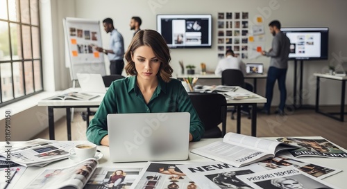Woman working on laptop surrounded by papers and colleagues in a modern office setting with brainstorming boards