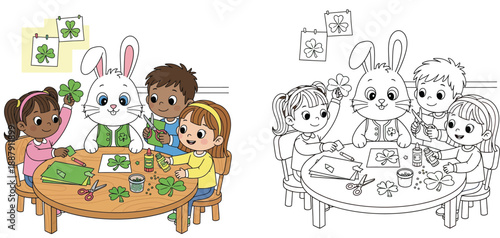 Cute diverse kids and bunny doing St. Patrick's Day arts and crafts vector illustration. Happy children making paper shamrocks with scissors and glue at round table in classroom.
