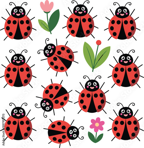 Cute ladybug cartoon illustration set with flowers and leaves, colorful spring insect collection for kids design, nature theme, nursery art and stickers.