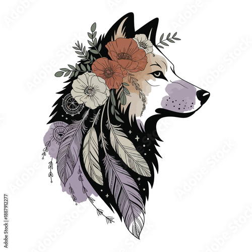 Depict a majestic wolf silhouette in boho style.