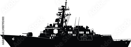 Black and white vector silhouette of a modern naval guided missile destroyer warship with radar masts and deck guns for marine defense and maritime security