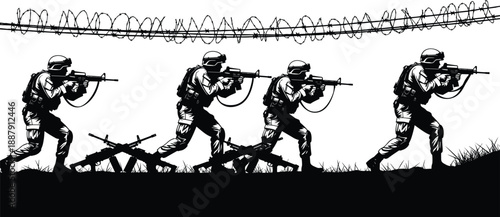 Black and white vector silhouette of armed soldiers in tactical gear moving in formation past a barbed wire fence during a military combat mission