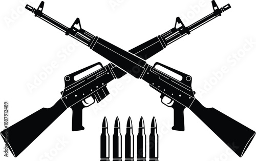 Black and white vector silhouette of two crossed assault rifles with ammunition bullets symbolizing military infantry weaponry tactical shooting sports and defense industry