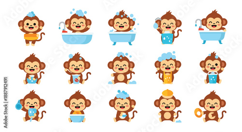 Cute Monkey Cartoon Characters in Different Poses