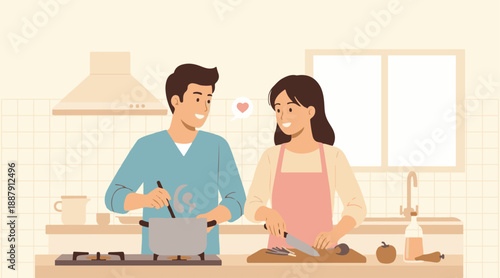 a happy couple cooking together in the kitchen at valentine day