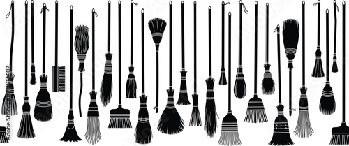 Black silhouette vector collection of various cleaning brooms and traditional wisks isolated on white background for household chores janitorial services and magical fantasy design elements.
