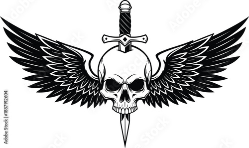Black and white vector illustration of a gothic skull with a dagger pierced through it and large spreading wings for tattoo design and streetwear