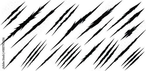 Black silhouette vector set of animal claw scratches and predator rip marks isolated on white background for horror movie posters wildlife aggression and monster attack graphic design.