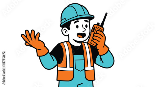 Construction Worker Communicating with Walkie-Talkie Illustration