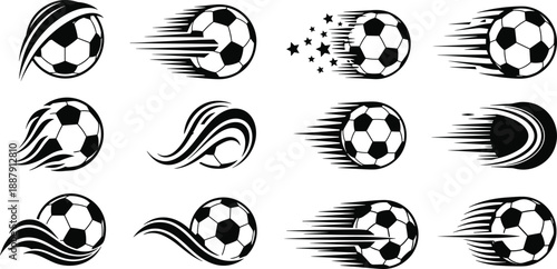 Black silhouette vector set of soccer balls with speed motion trails and fire flames isolated on white background for sports tournament logo design and football competition branding graphics.