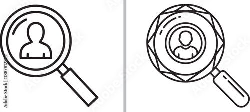 Two minimalist line-art icons featuring magnifying glasses highlighting human silhouettes, representing user search, recruitment, person identification, and human resources discovery.
